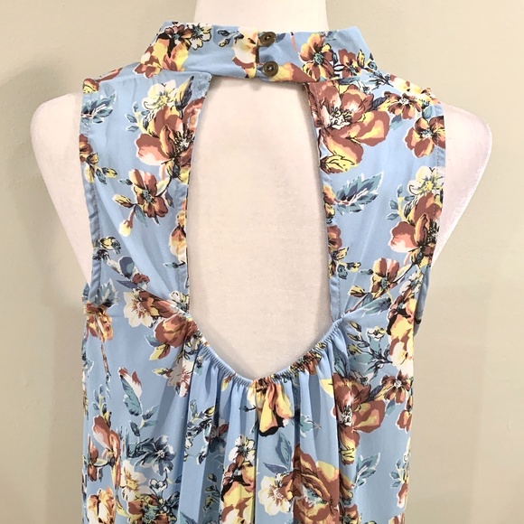 Peach Love Blue Floral Halter Neck Sleeves Dress - Picture 7 of 10